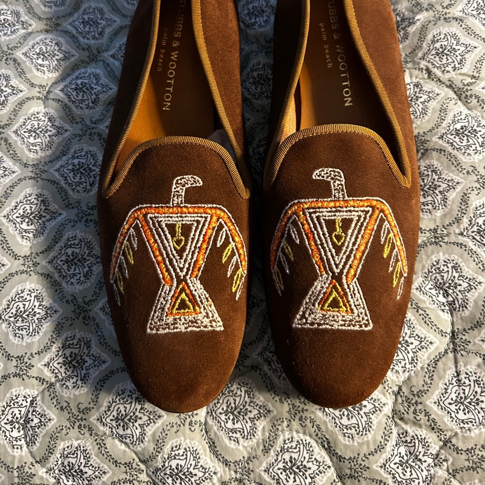 Women’s 9AA Stubbs & Wootton Brown Suede Embroidered Loafers SIZE 9AA Rare